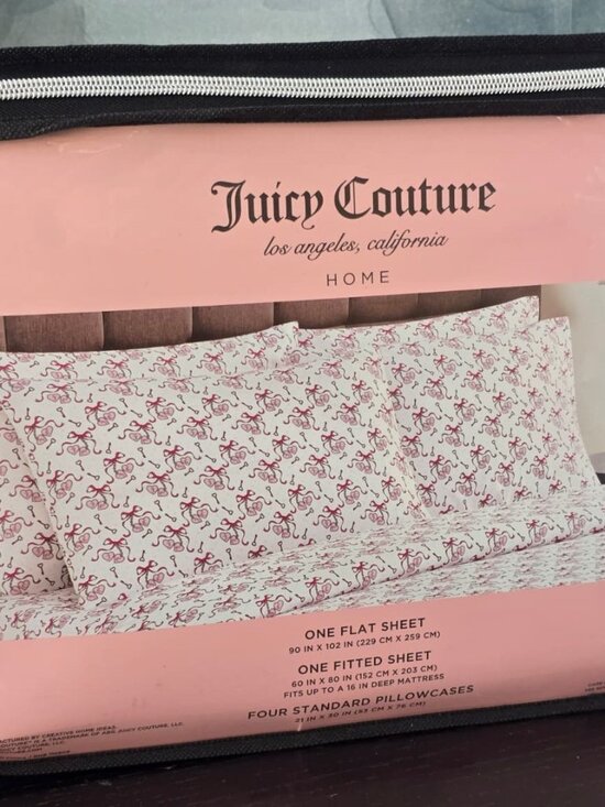 Juicy Couture Other - Juicy Couture Queen Sheet Set Pink Bow Print 6 Pc Bedding Set New